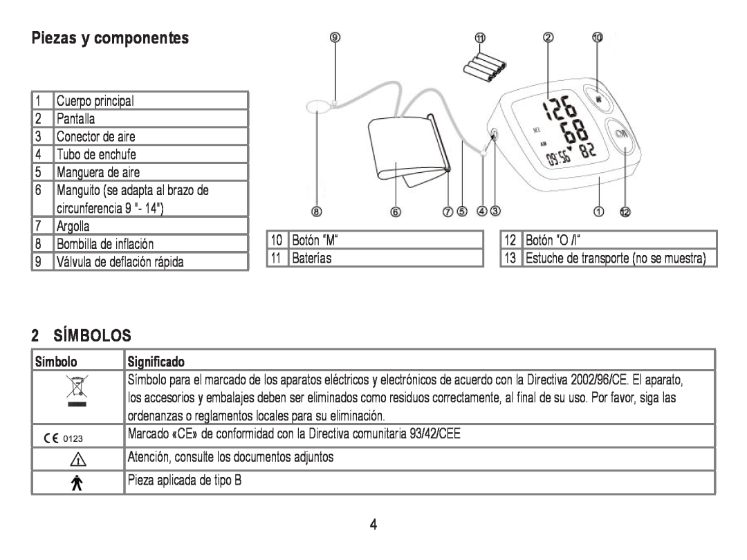 Lumiscope 1103 instruction manual Piezas y componentes, 2 SÍMBOLOS, Símbolo, Significado 