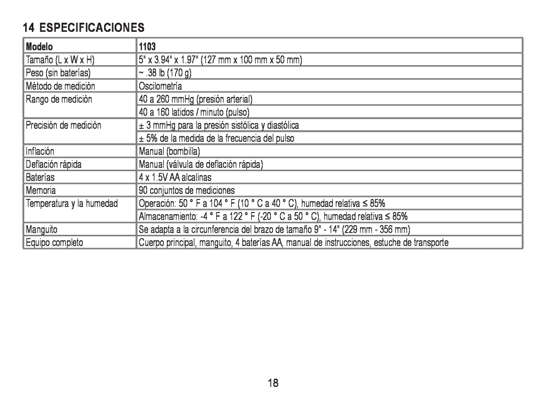 Lumiscope 1103 instruction manual Especificaciones, Modelo 