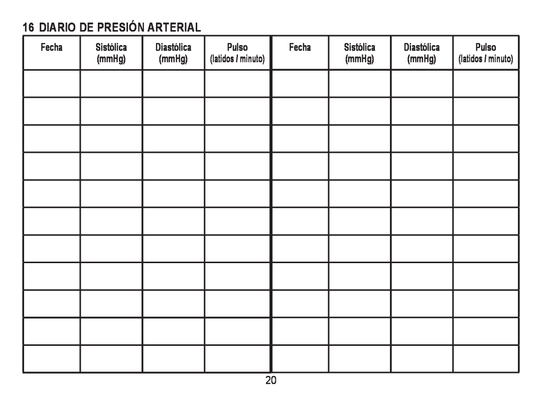 Lumiscope 1103 instruction manual Diario De Presión Arterial, Pulso, mmHg, Sistólica, Diastólica, latidos / minuto 