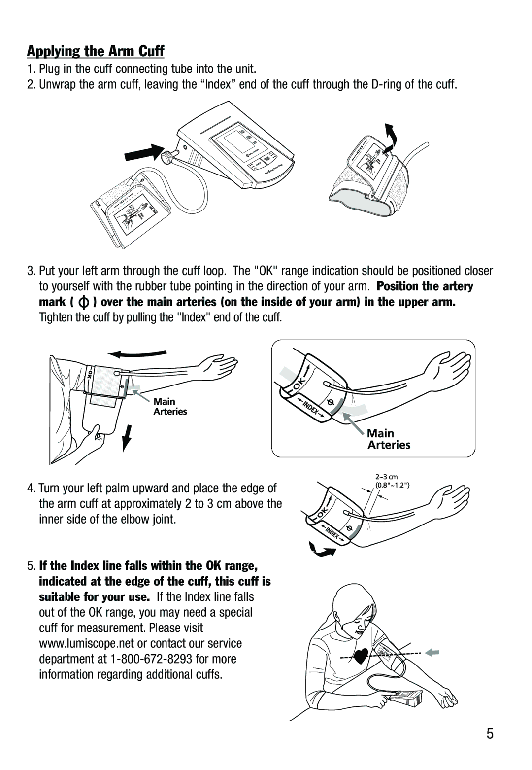 Lumiscope 1130 specifications Applying the Arm Cuff 