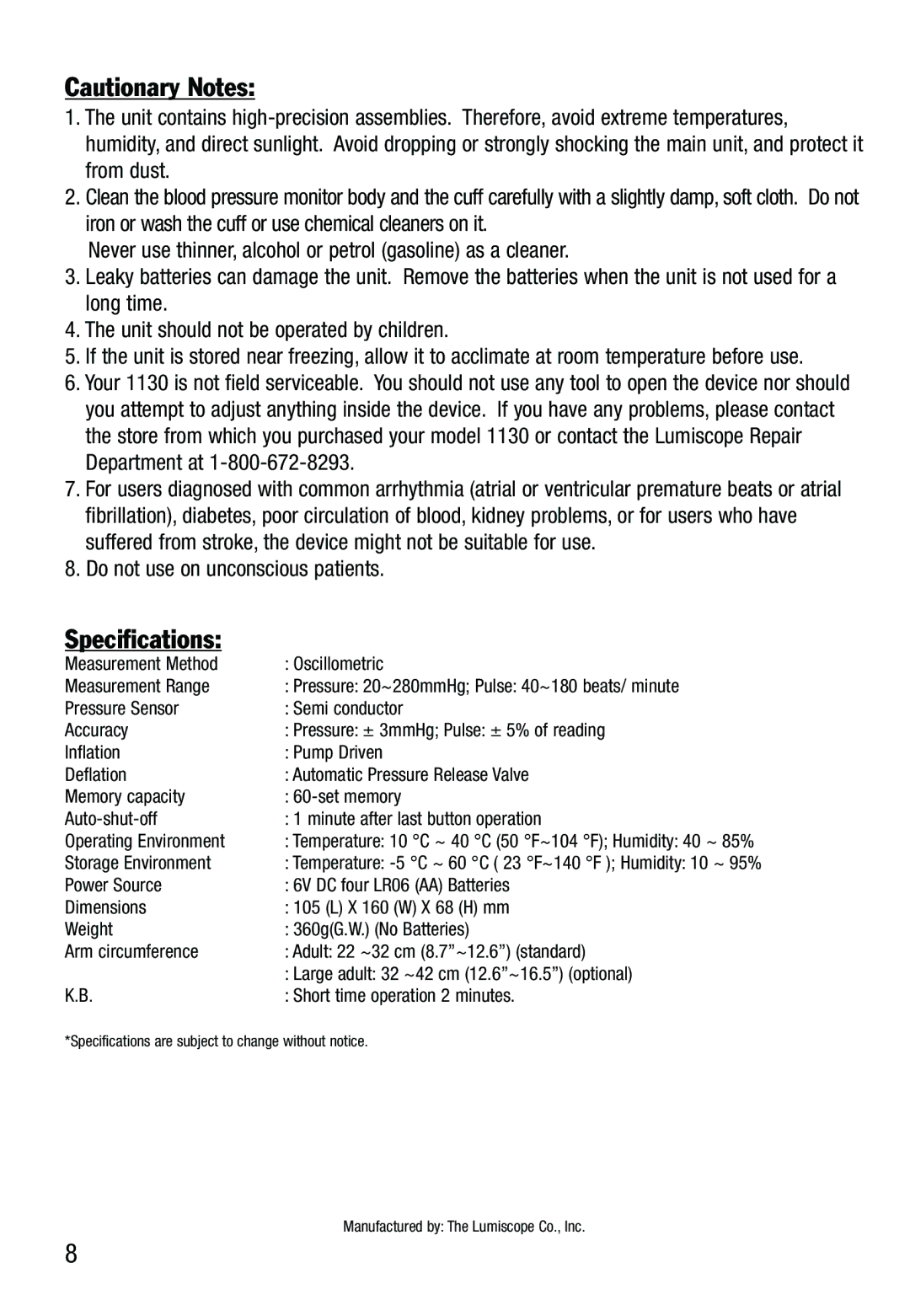 Lumiscope 1130 specifications Specifications 