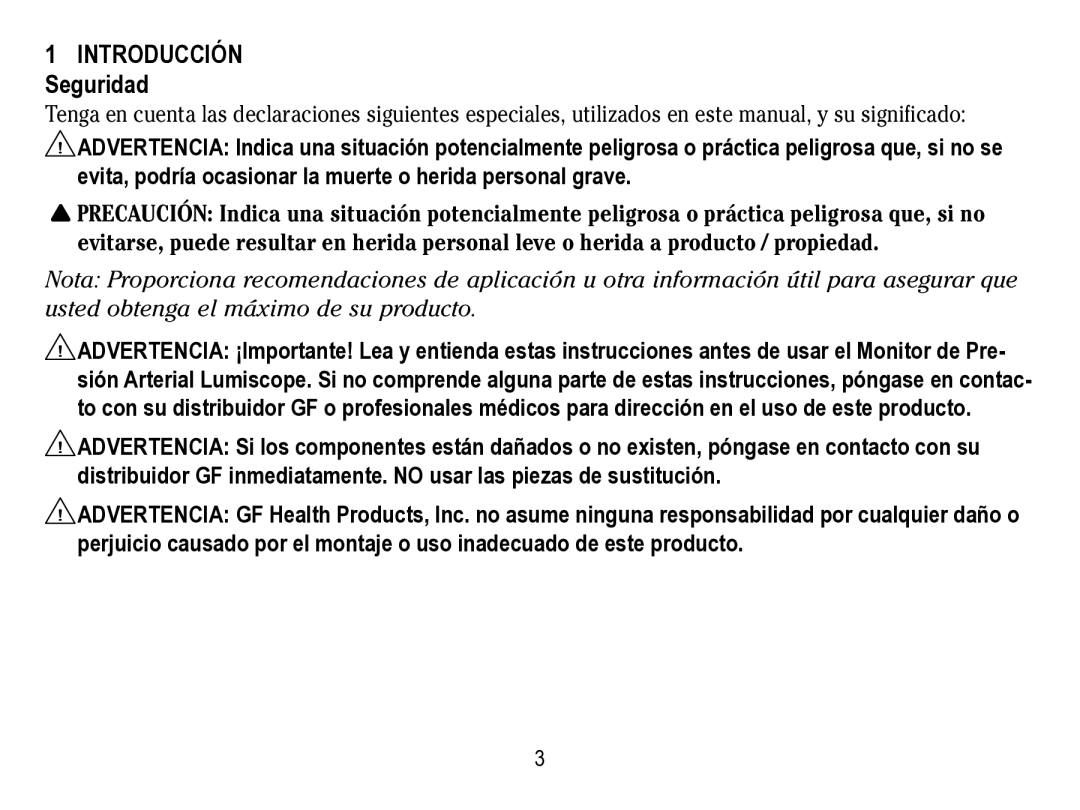 Lumiscope 1133 instruction manual Introducción Seguridad 