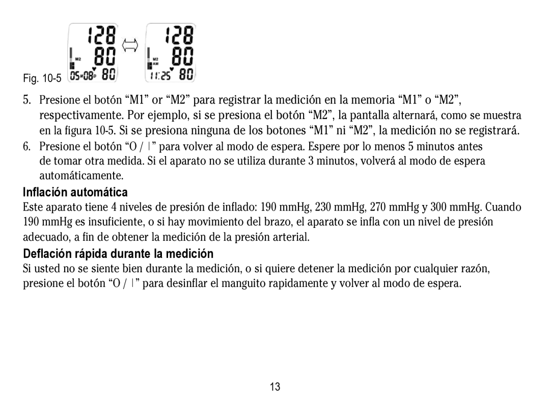 Lumiscope 1133 instruction manual Inflación automática, Deflación rápida durante la medición 