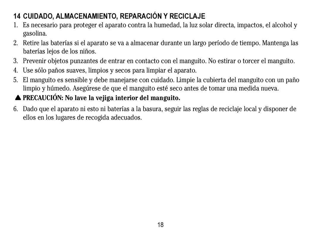 Lumiscope 1133 Cuidado, almacenamiento, reparación y Reciclaje, Precaución No lave la vejiga interior del manguito 