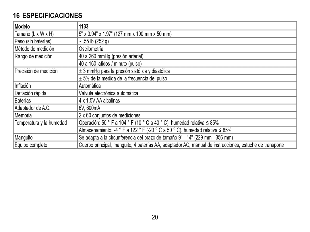 Lumiscope 1133 instruction manual ESPECIFICaCIONES, Modelo 