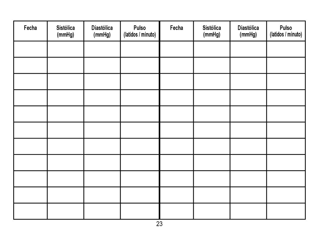 Lumiscope 1133 instruction manual Fecha Sistólica MmHg Diastólica Pulso Latidos / minuto 