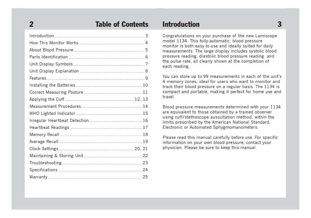 Lumiscope 1134 user manual Table of Contents, Introduction3 