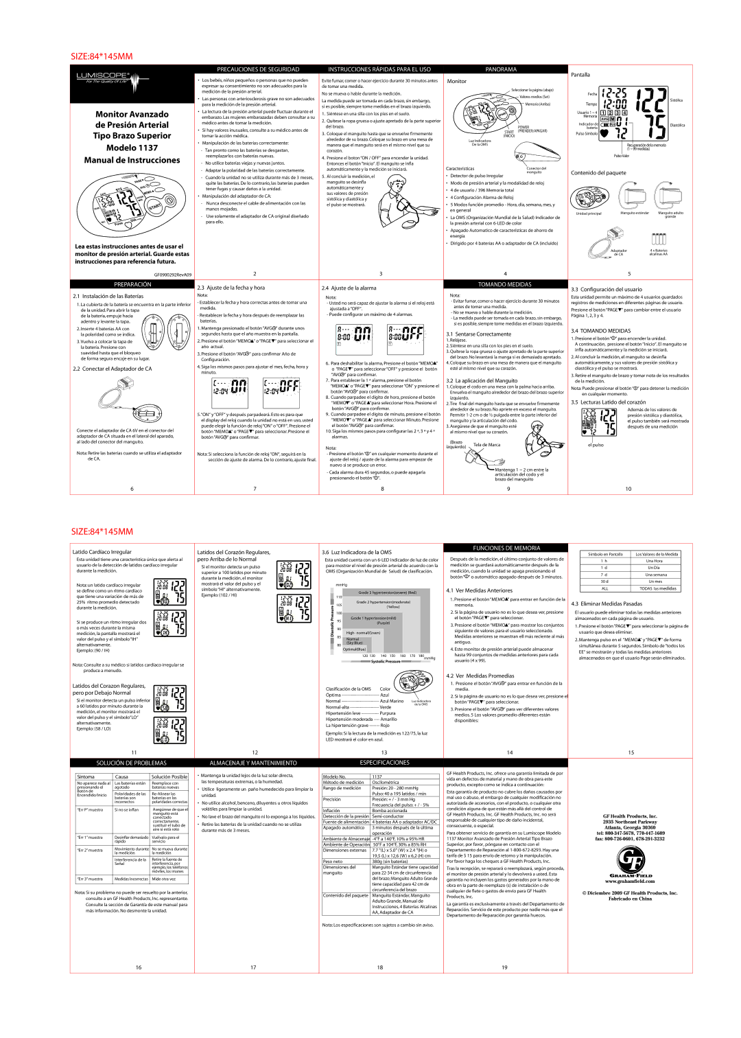 Lumiscope 1137 manual Pantalla, Monitor, Contenido del paquete, Ajuste de la fecha y hora Ajuste de la alarma 