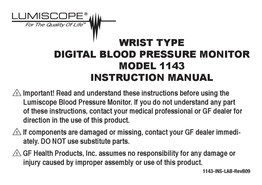 Lumiscope 1143 instruction manual Wrist Type Digital Blood Pressure Monitor 