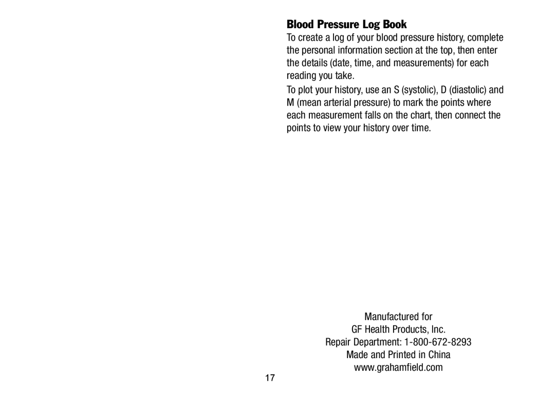 Lumiscope 1145 manual Blood Pressure Log Book, Manufactured for GF Health Products, Inc Repair Department 