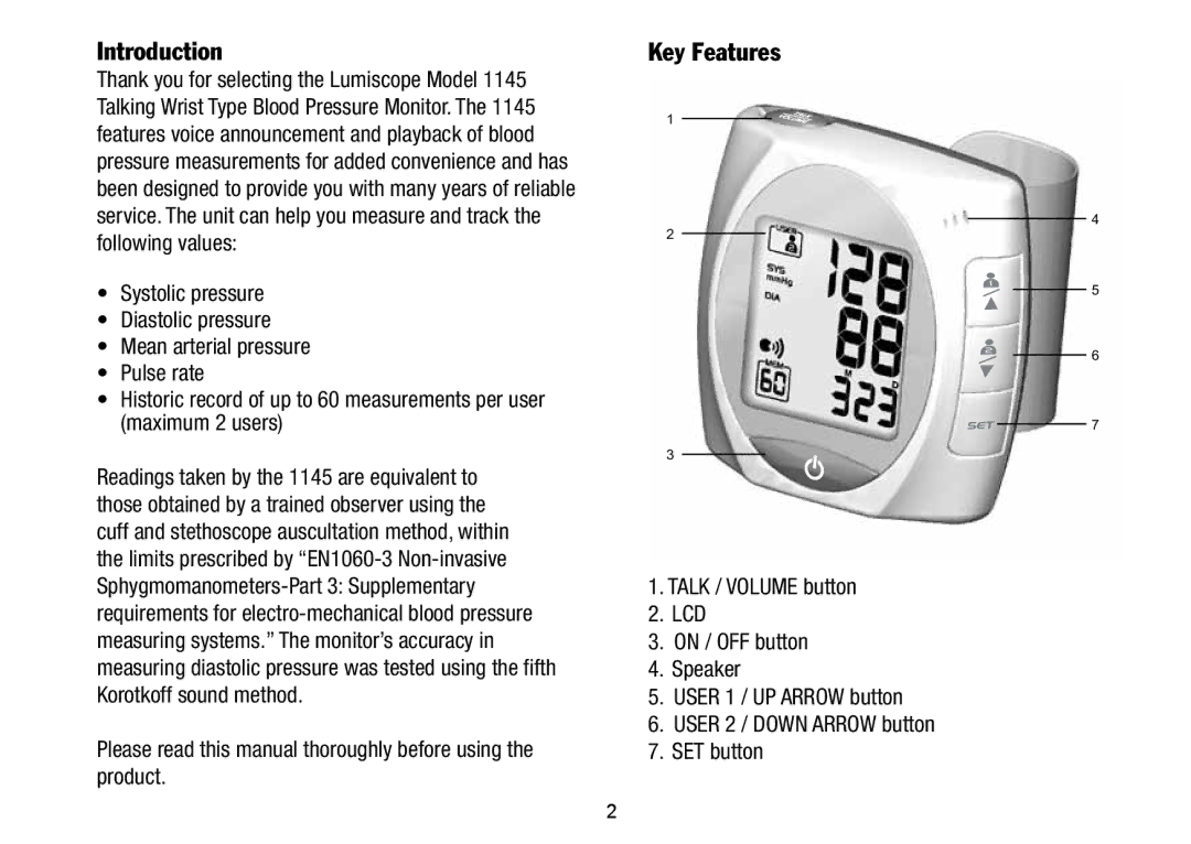 Lumiscope 1145 Introduction, Key Features, Please read this manual thoroughly before using the product 