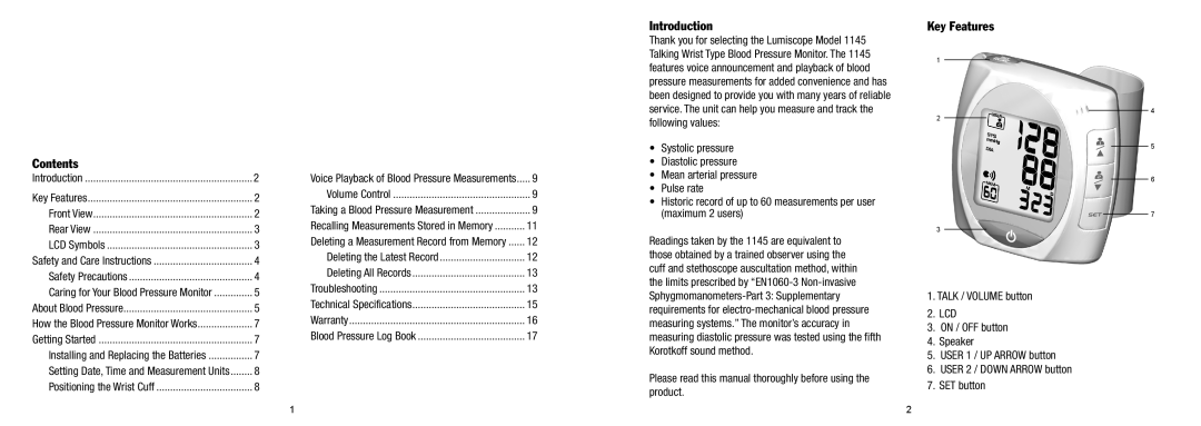 Lumiscope 1145 Introduction, Key Features, Contents, Please read this manual thoroughly before using the product 