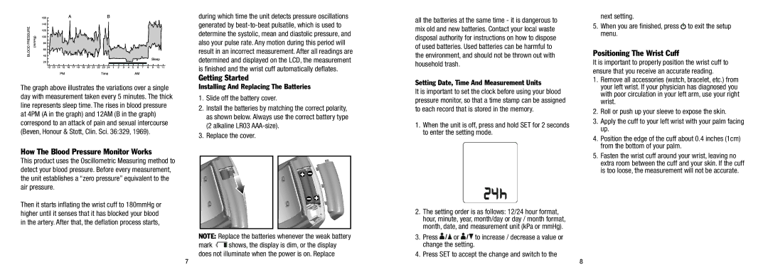 Lumiscope 1145 manual How The Blood Pressure Monitor Works, Getting Started, Positioning The Wrist Cuff, Replace the cover 