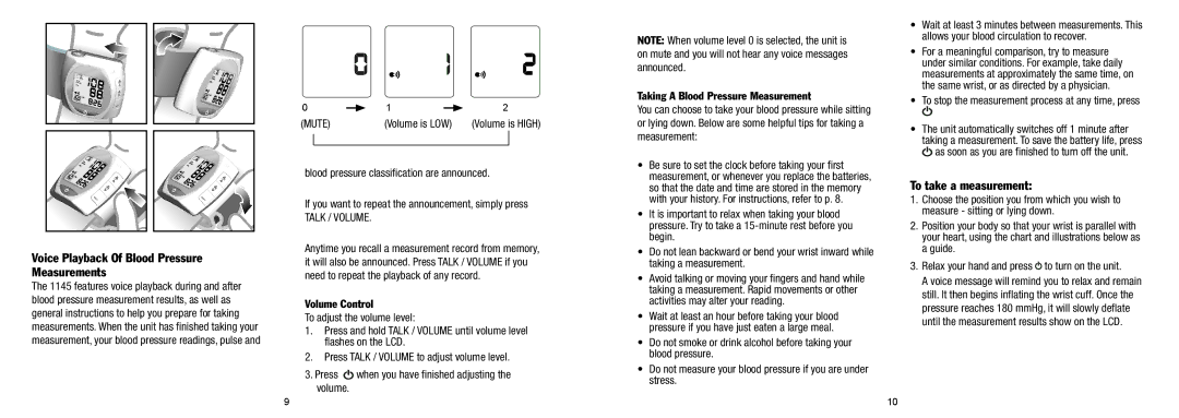 Lumiscope 1145 manual Voice Playback Of Blood Pressure Measurements, To take a measurement 