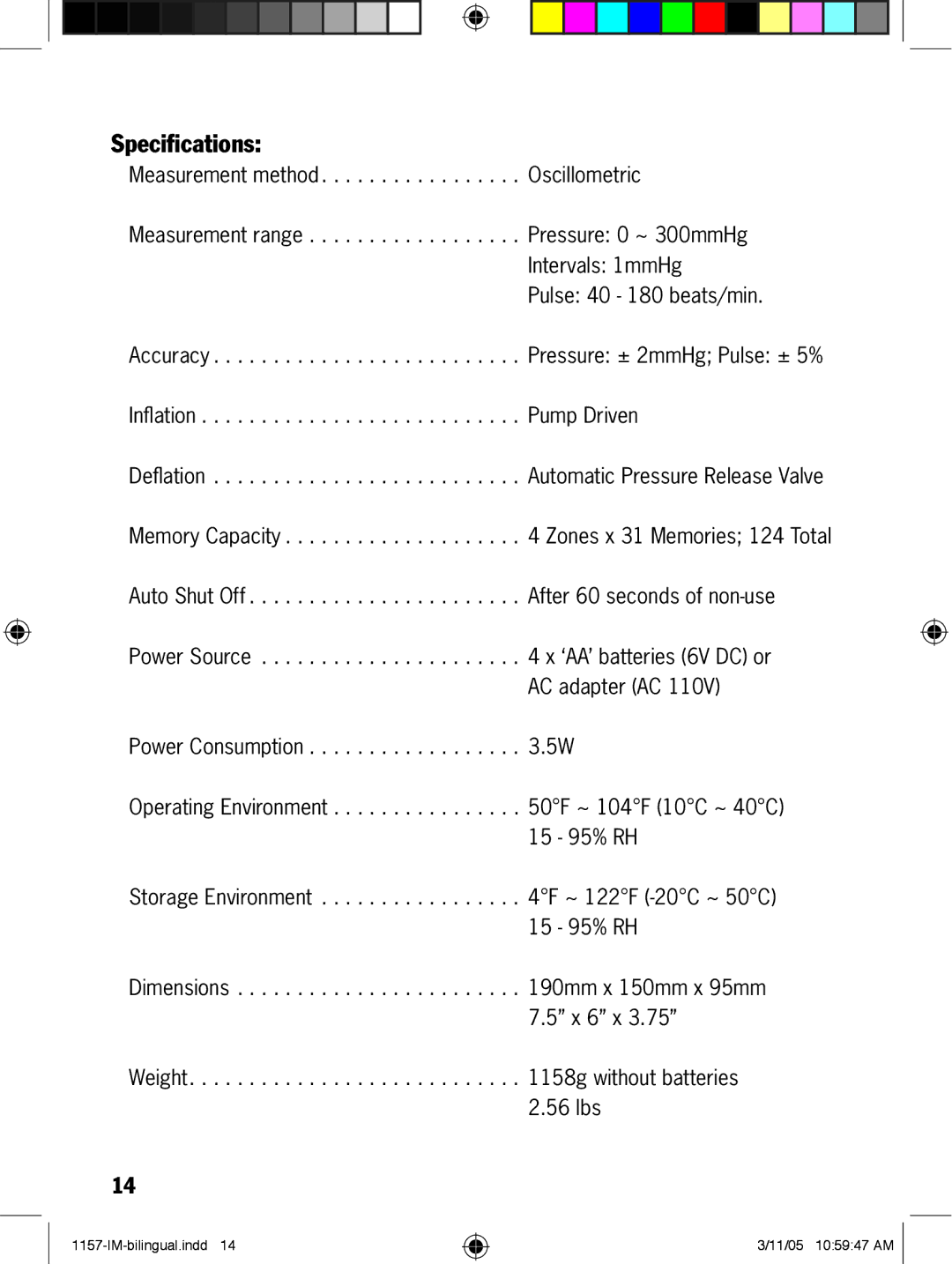 Lumiscope 1157 manual Speciﬁcations 