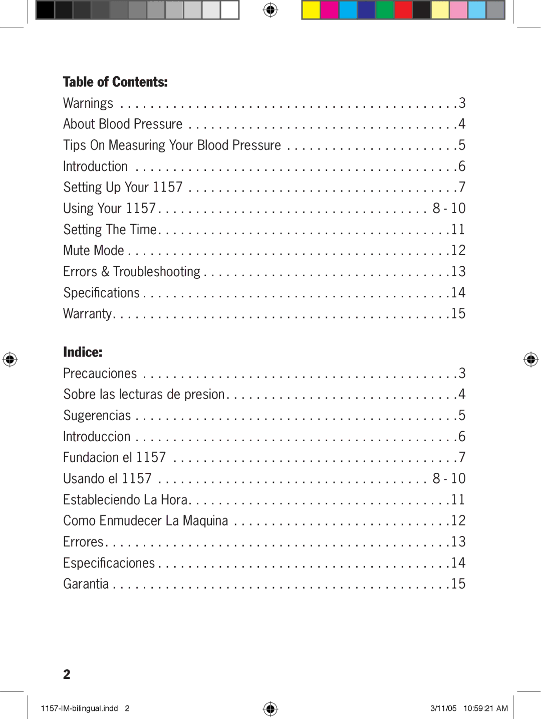 Lumiscope 1157 manual Table of Contents, Indice 