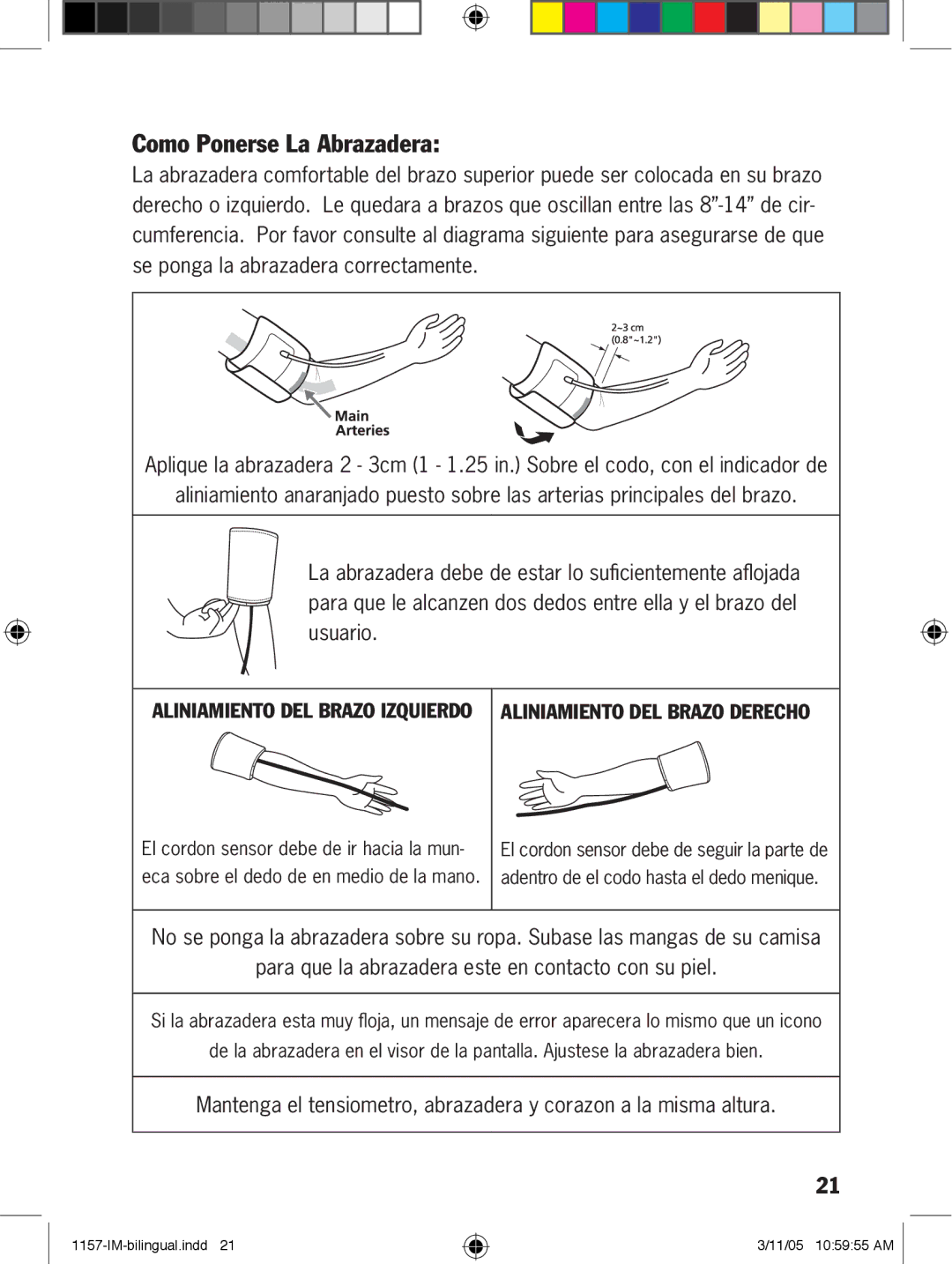 Lumiscope 1157 manual Como Ponerse La Abrazadera, Aliniamiento DEL Brazo Derecho 