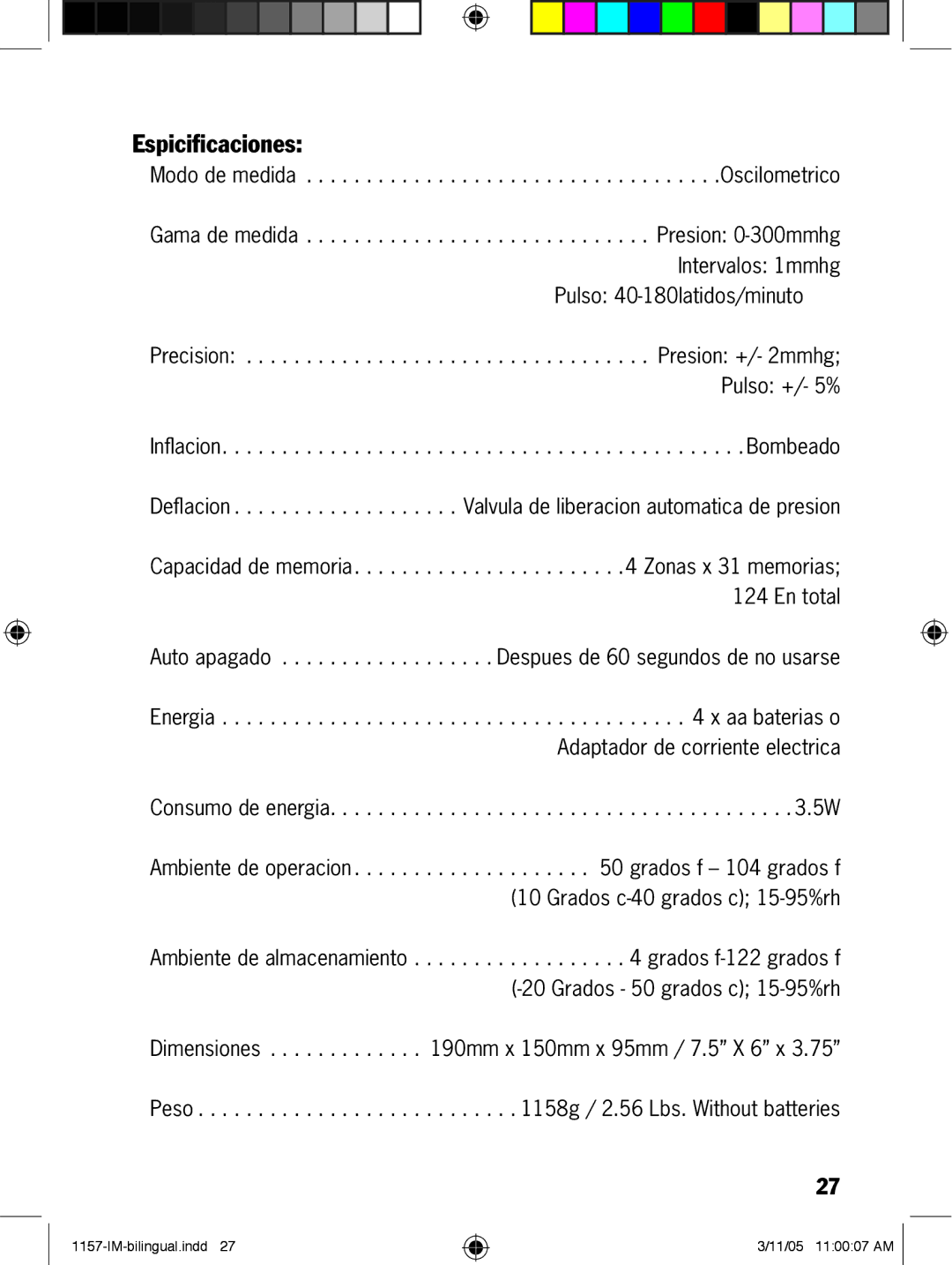 Lumiscope 1157 manual Espiciﬁcaciones, Consumo de energia .5W 