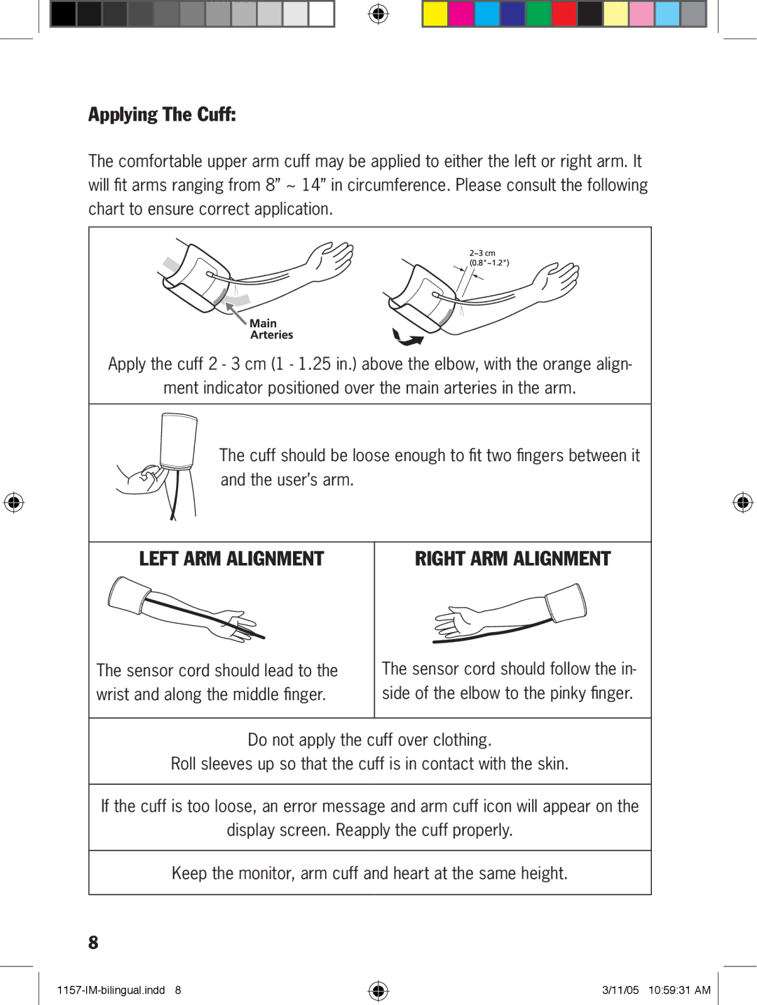 Lumiscope 1157 manual Applying The Cuff, Right ARM Alignment 