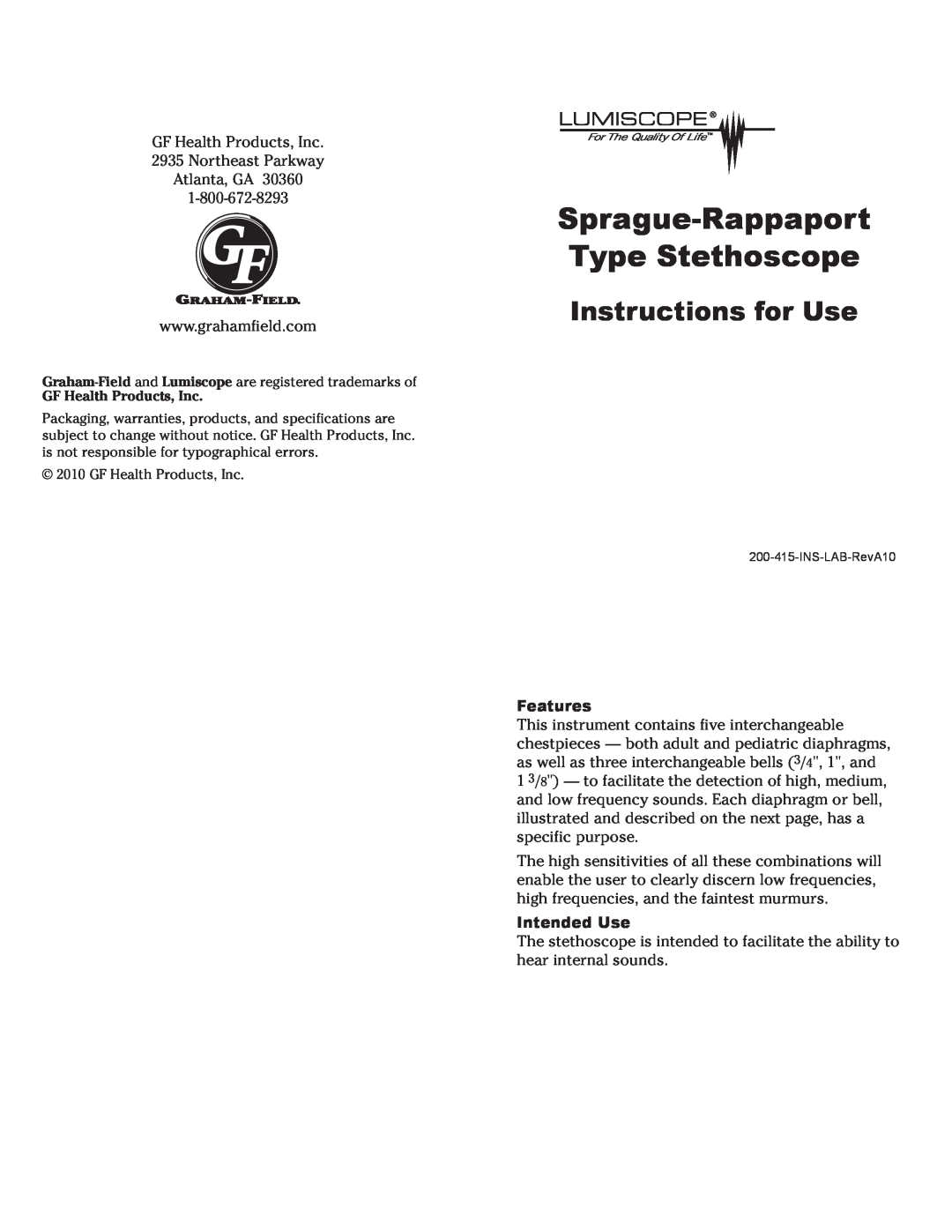 Lumiscope 200-415-INS-LAB-RevA10 specifications Sprague-Rappaport Type Stethoscope, Instructions for Use 