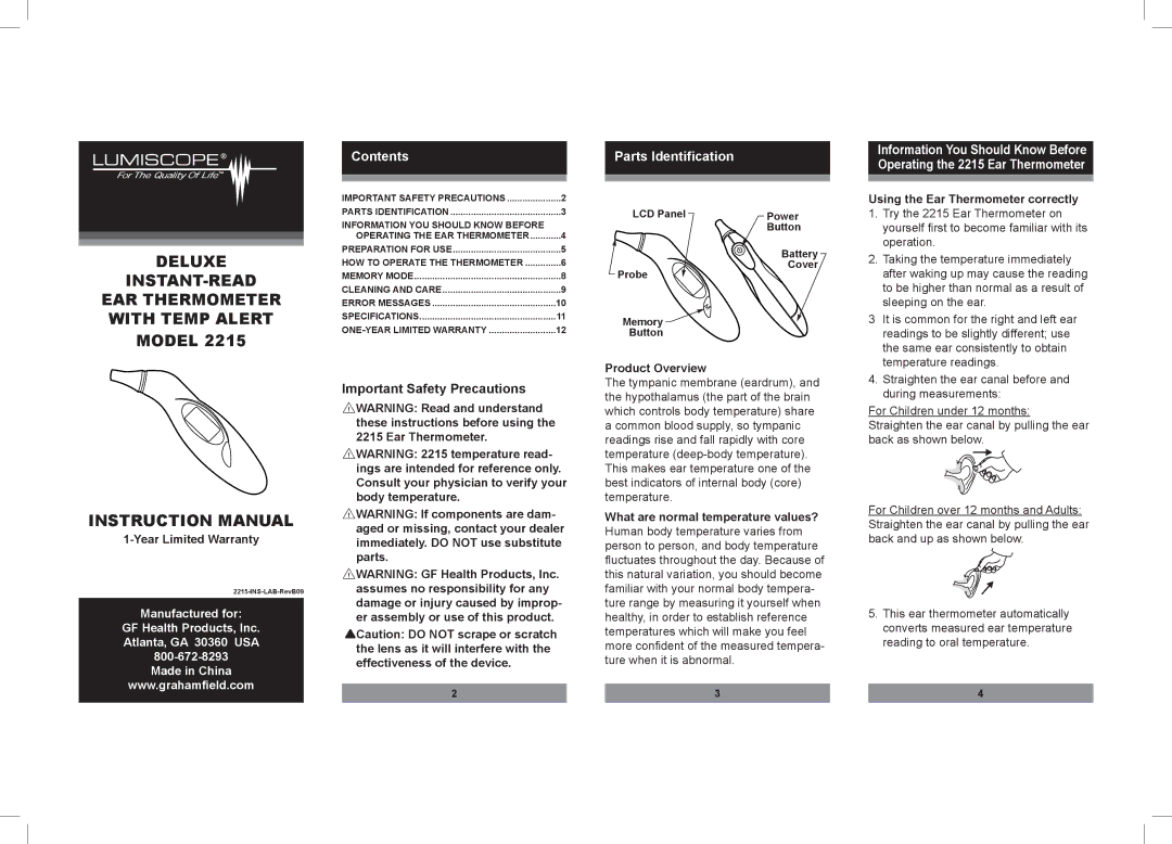 Lumiscope 2215 instruction manual Contents, Parts Identification 