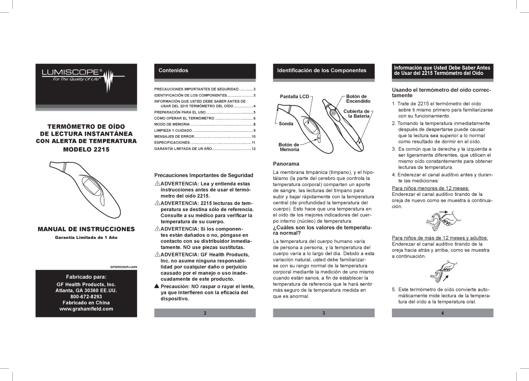 Lumiscope 2215 manual Fabricado para, Contenidos, Identificación de los Componentes 