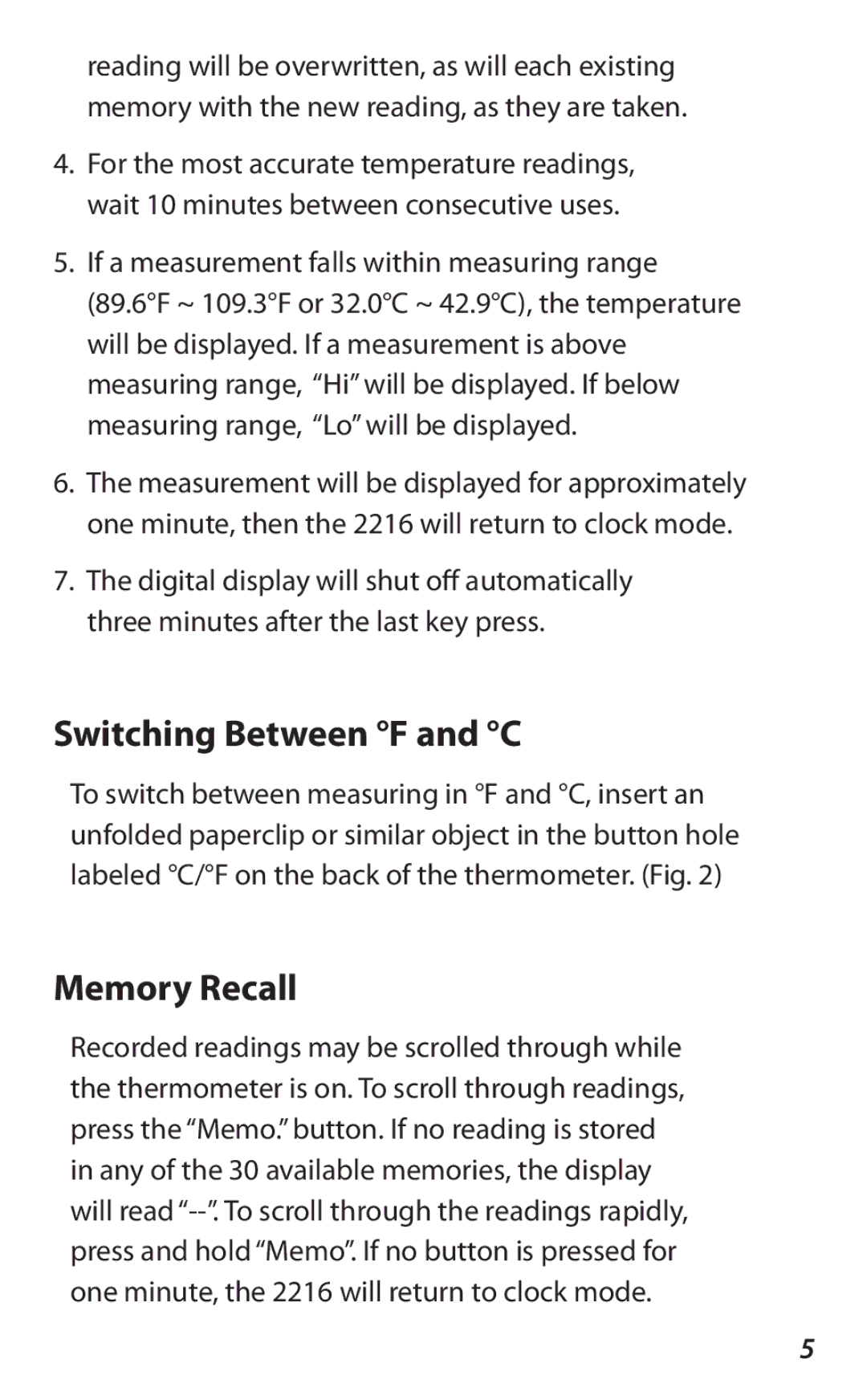 Lumiscope 2216 instruction manual Switching Between F and C, Memory Recall 