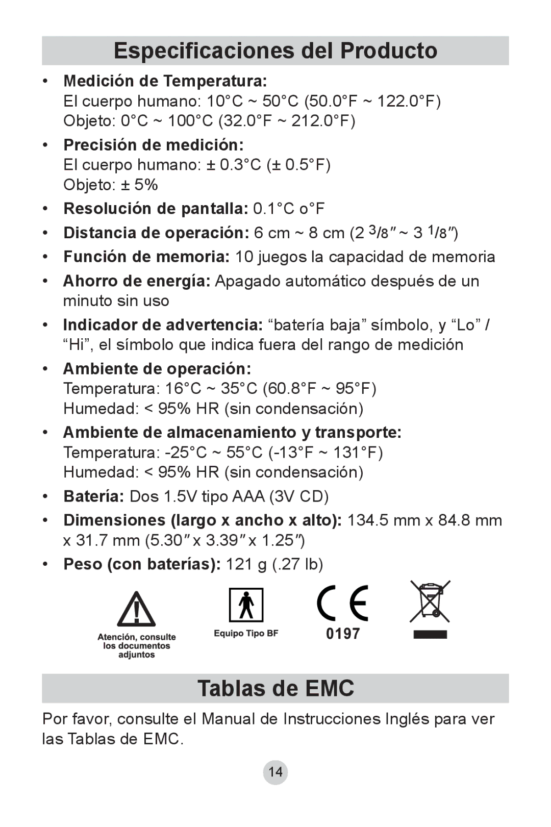 Lumiscope 2220 instruction manual Especificaciones del Producto, Tablas de EMC 