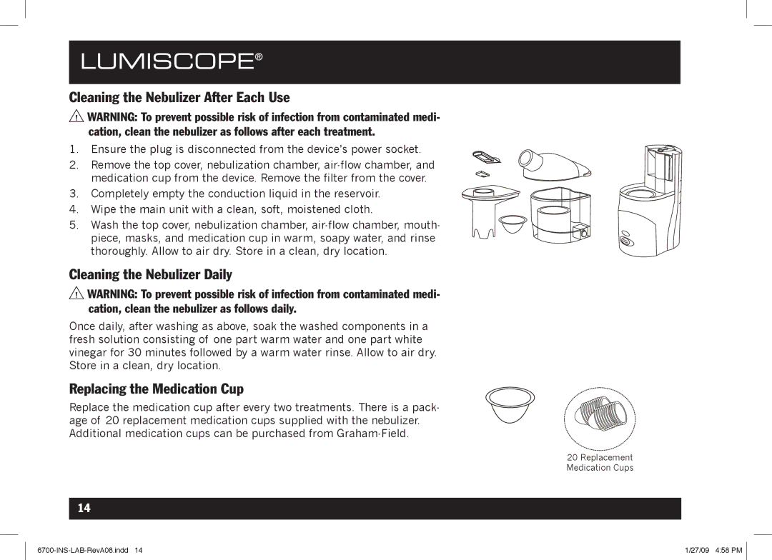 Lumiscope 6700 Cleaning the Nebulizer After Each Use, Cleaning the Nebulizer Daily, Replacing the Medication Cup 