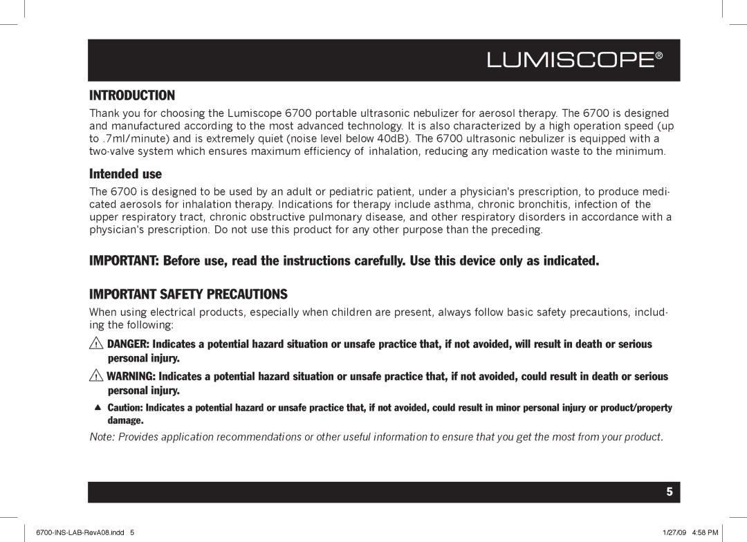 Lumiscope 6700 user manual Introduction, Intended use, Important Safety Precautions 