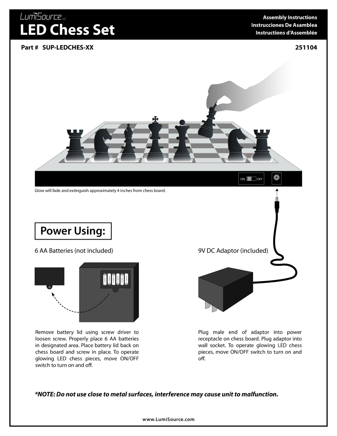 LumiSource 251104 manual LED Chess Set, Power Using, AA Batteries not included, 9V DC Adaptor included 