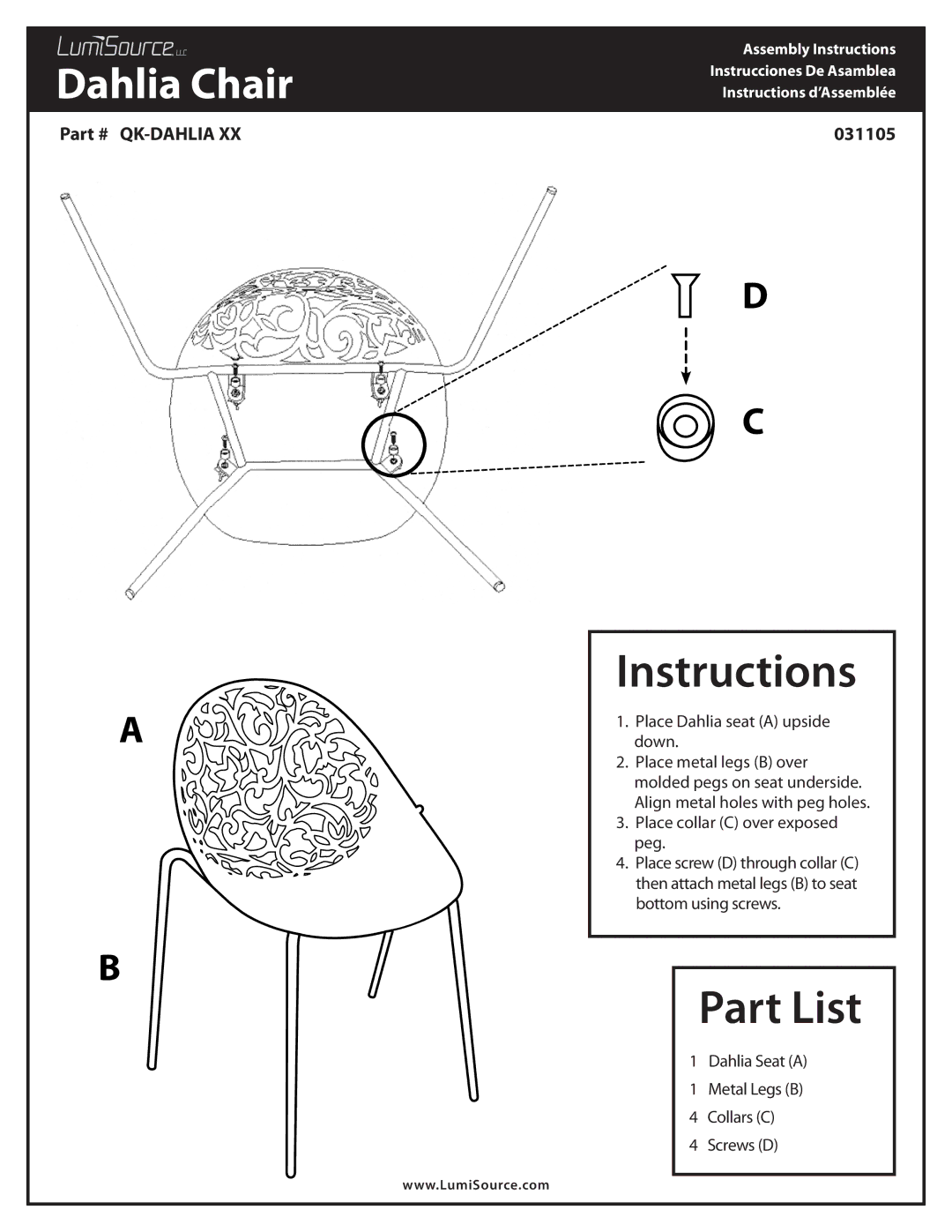 LumiSource 31105 manual Instructions, Part List 