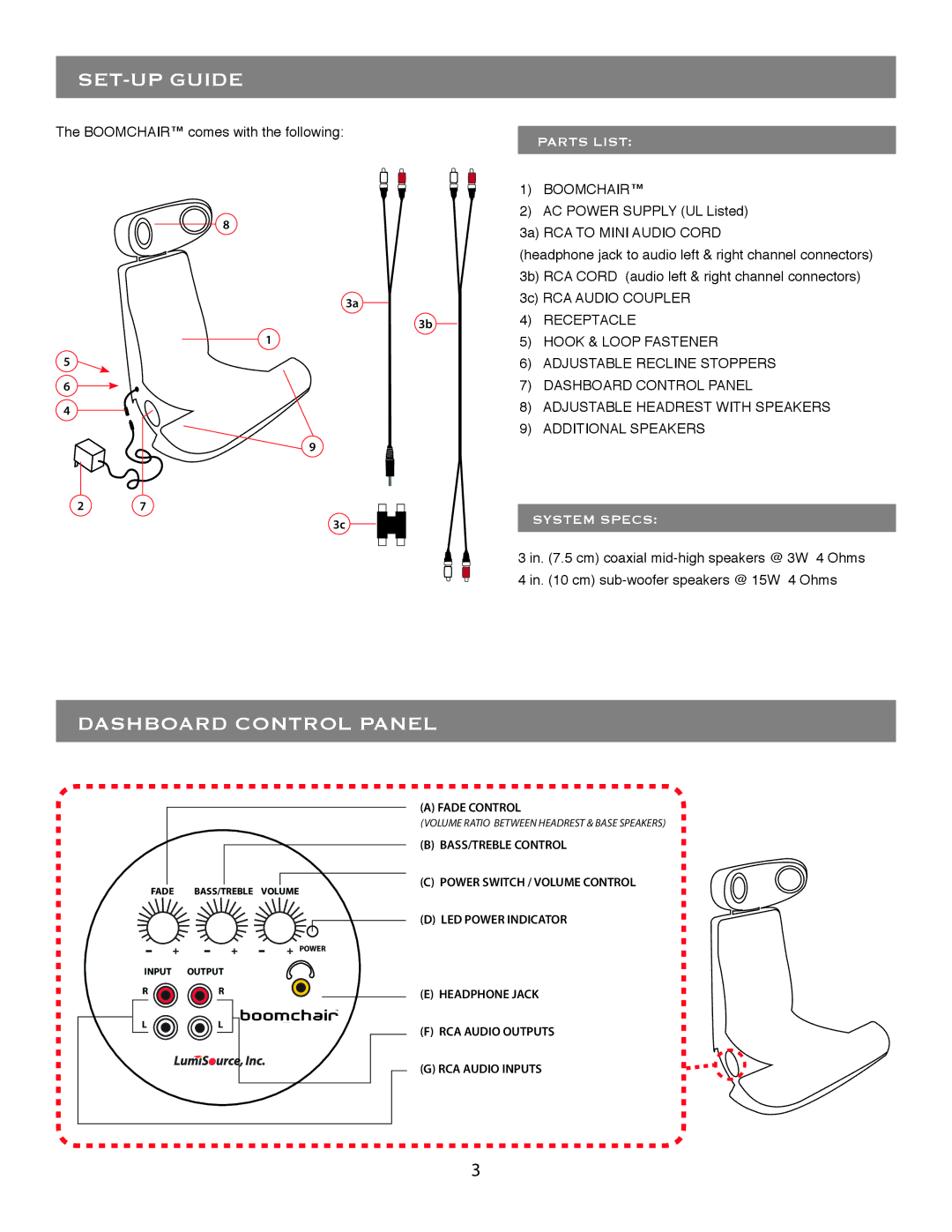 LumiSource 4.1 owner manual SET-UP Guide, Dashboard Control Panel, Receptacle 