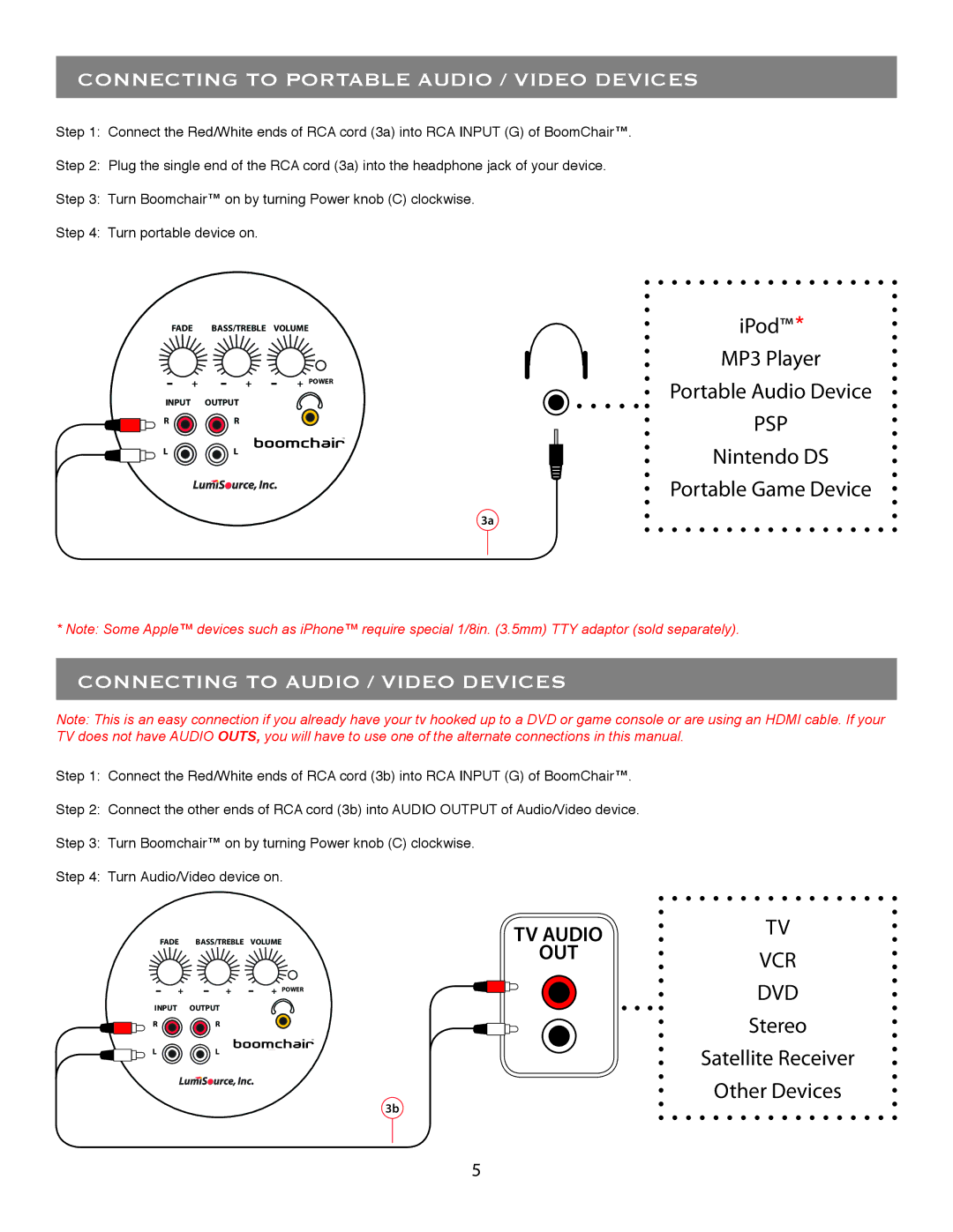 LumiSource 4.1 owner manual Connecting to Portable Audio / Video Devices, Connecting to Audio / Video Devices 