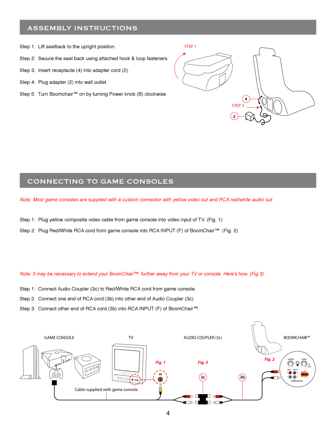 LumiSource A44 owner manual Assembly Instructions, Connecting to Game Consoles 