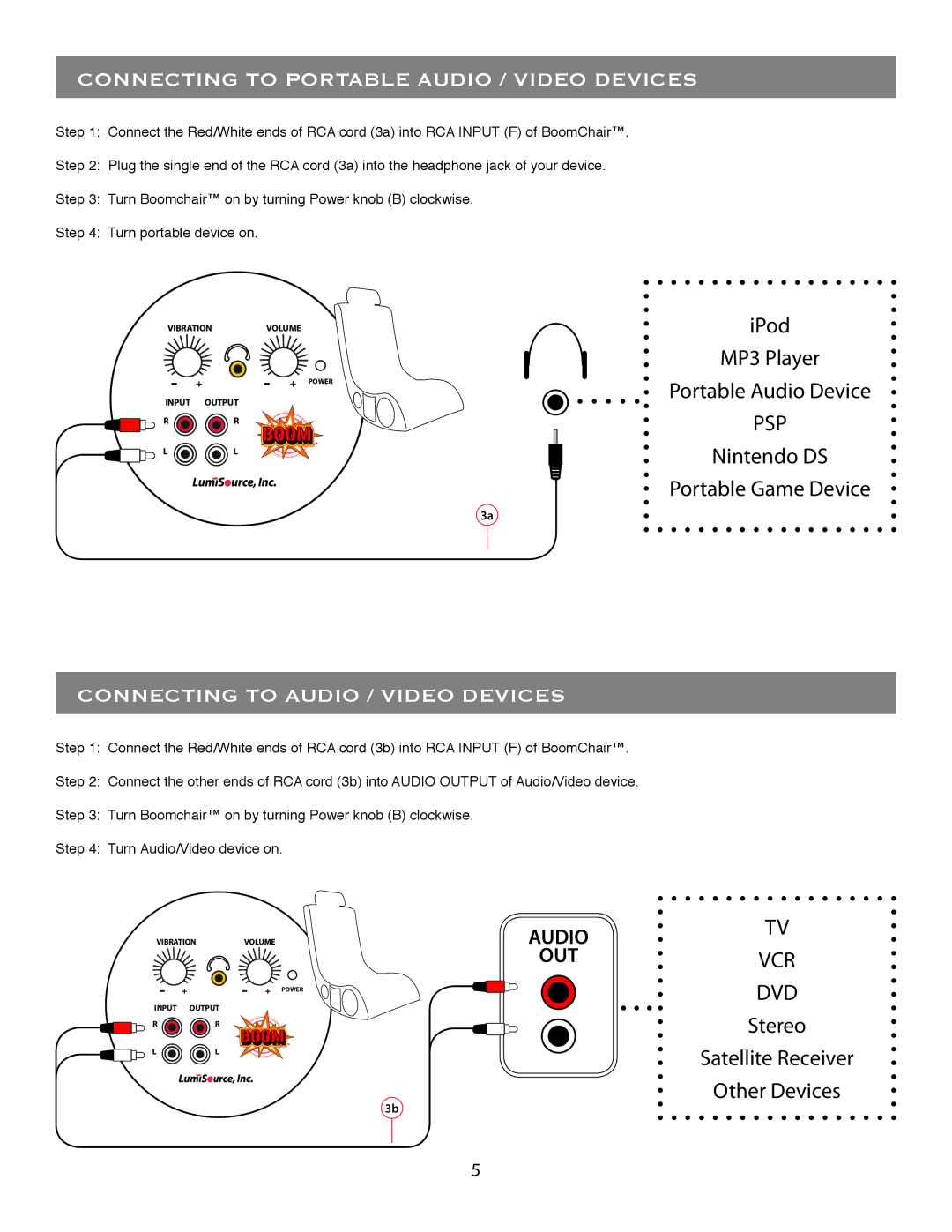 LumiSource A44 owner manual Connecting to Portable Audio / Video Devices, Connecting to Audio / Video Devices 