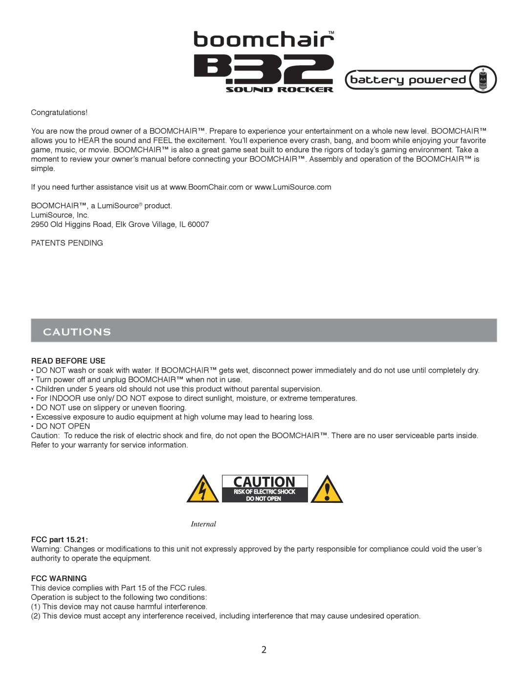 LumiSource B.32, BOOMCHAIRTM owner manual Read Before USE, FCC Warning 