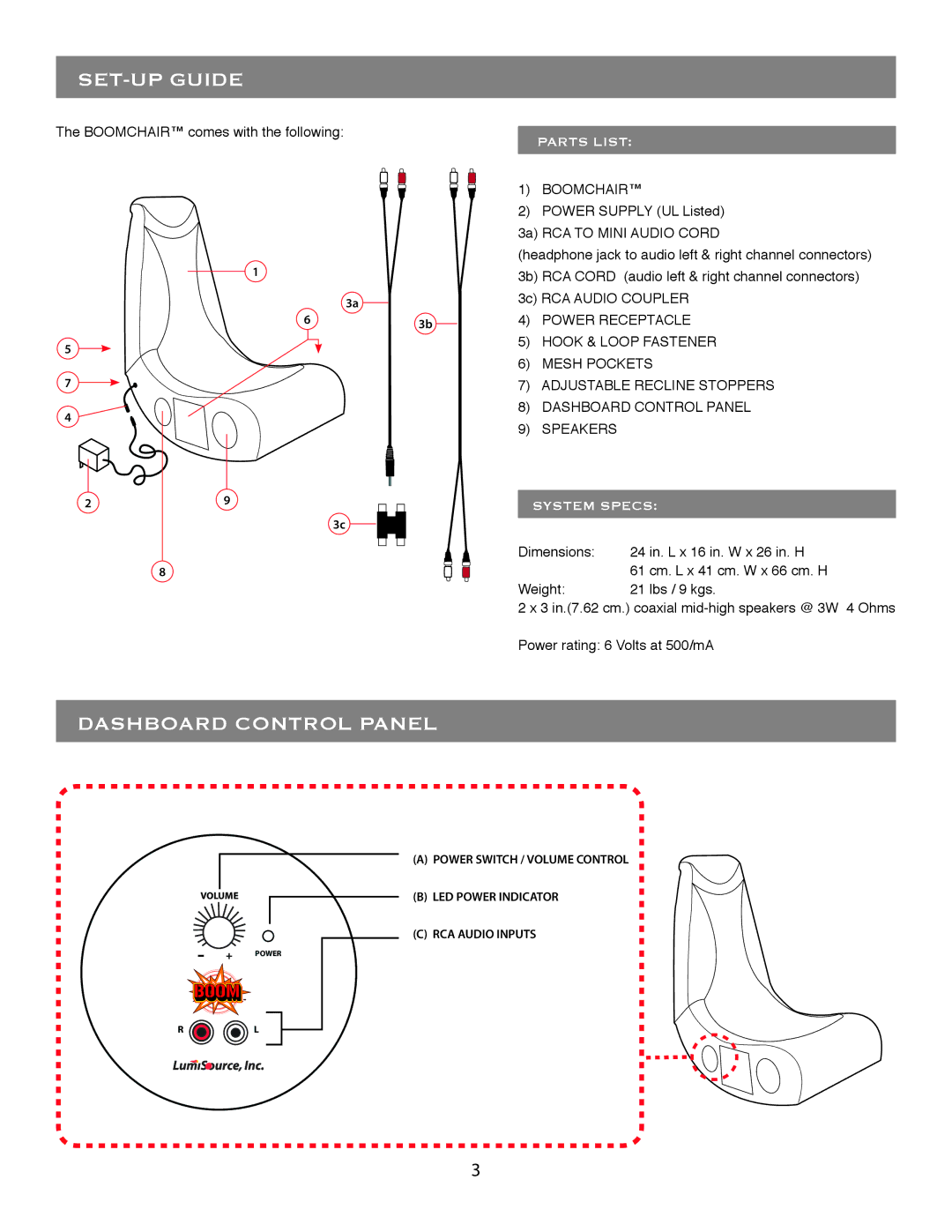 LumiSource BOOMCHAIRTM, B.32 owner manual SET-UP Guide, Dashboard Control Panel 