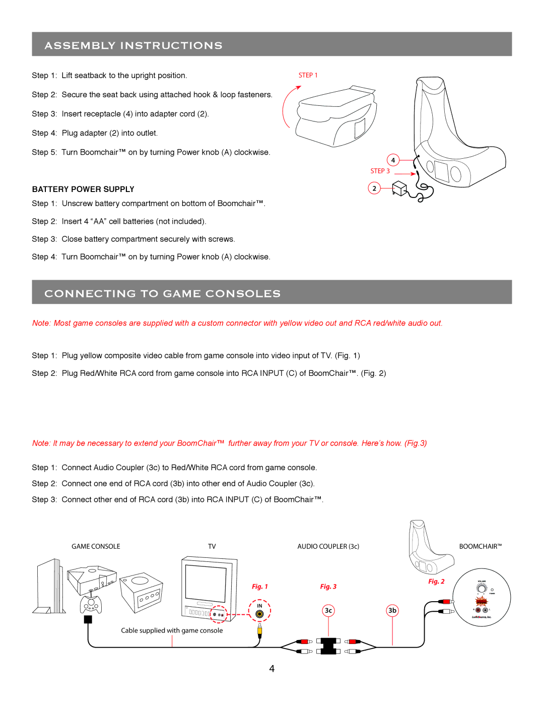 LumiSource B.32, BOOMCHAIRTM owner manual Assembly Instructions, Connecting to Game Consoles, Battery Power Supply 