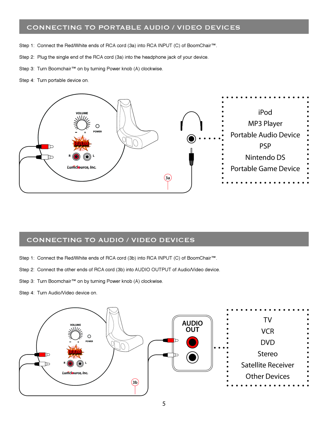 LumiSource BOOMCHAIRTM, B.32 owner manual Connecting to Portable Audio / Video Devices, Connecting to Audio / Video Devices 