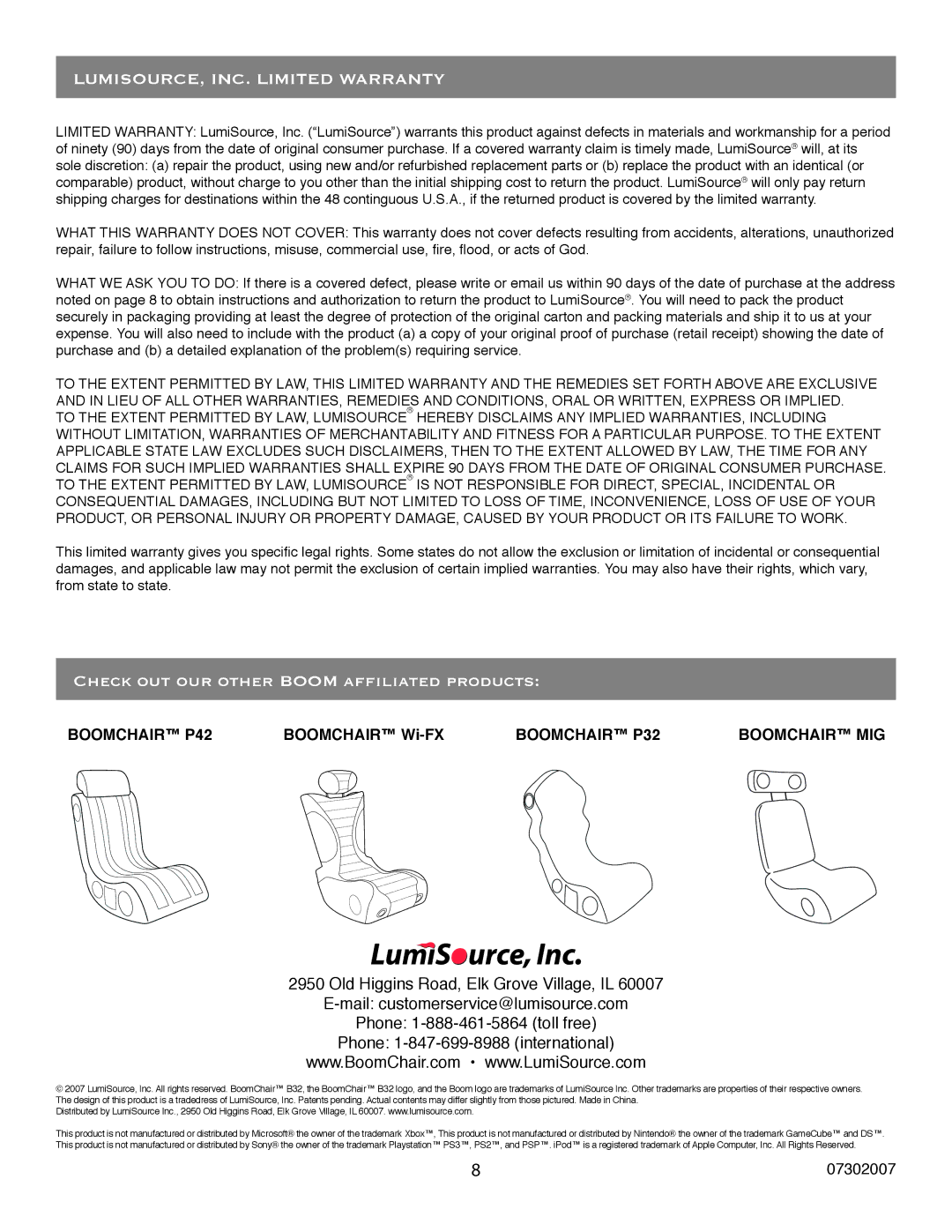 LumiSource B.32, BOOMCHAIRTM owner manual LUMISOURCE, INC. Limited Warranty, Check out our other Boom affiliated products 