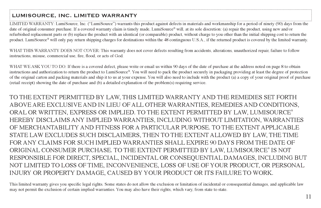 LumiSource B42 owner manual LUMISOURCE, INC. Limited Warranty 