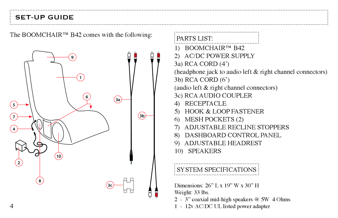 LumiSource owner manual SET-UP Guide, Parts List Boomchair B42 AC/DC Power Supply 