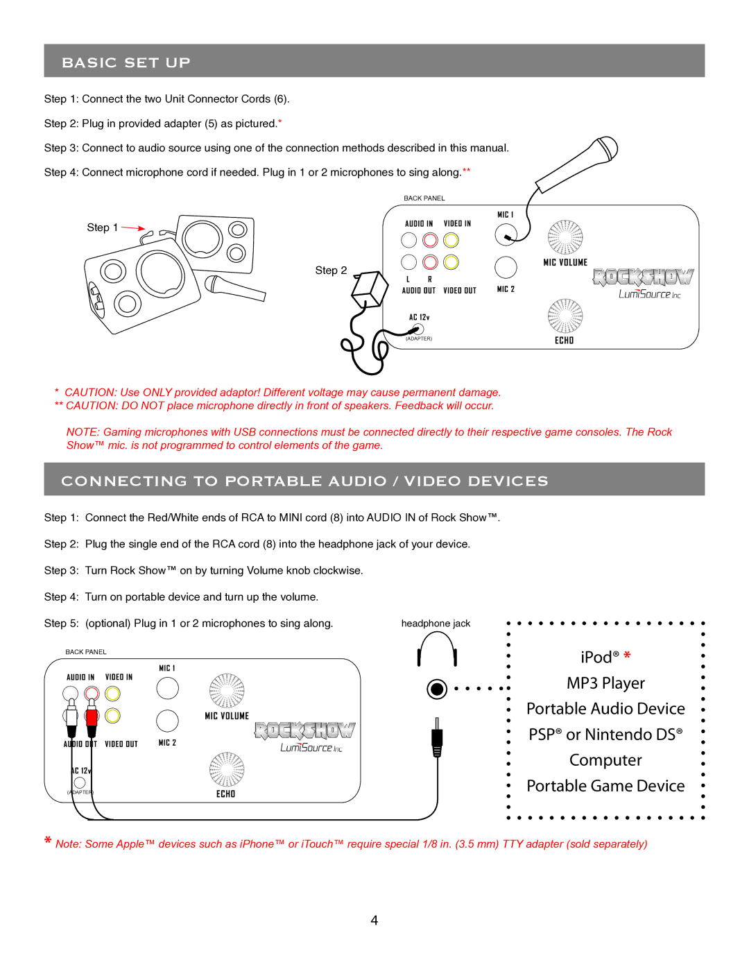 LumiSource Electronic Keyboard owner manual Basic SET UP, Connecting to Portable Audio / Video Devices 