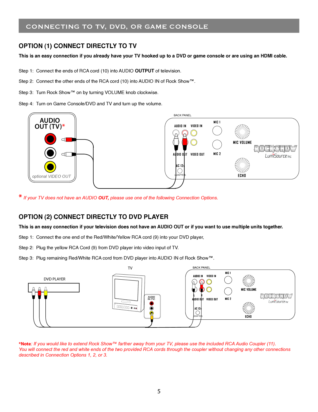 LumiSource Electronic Keyboard owner manual Connecting to TV, DVD, or Game Console, Option 1 Connect Directly to TV 