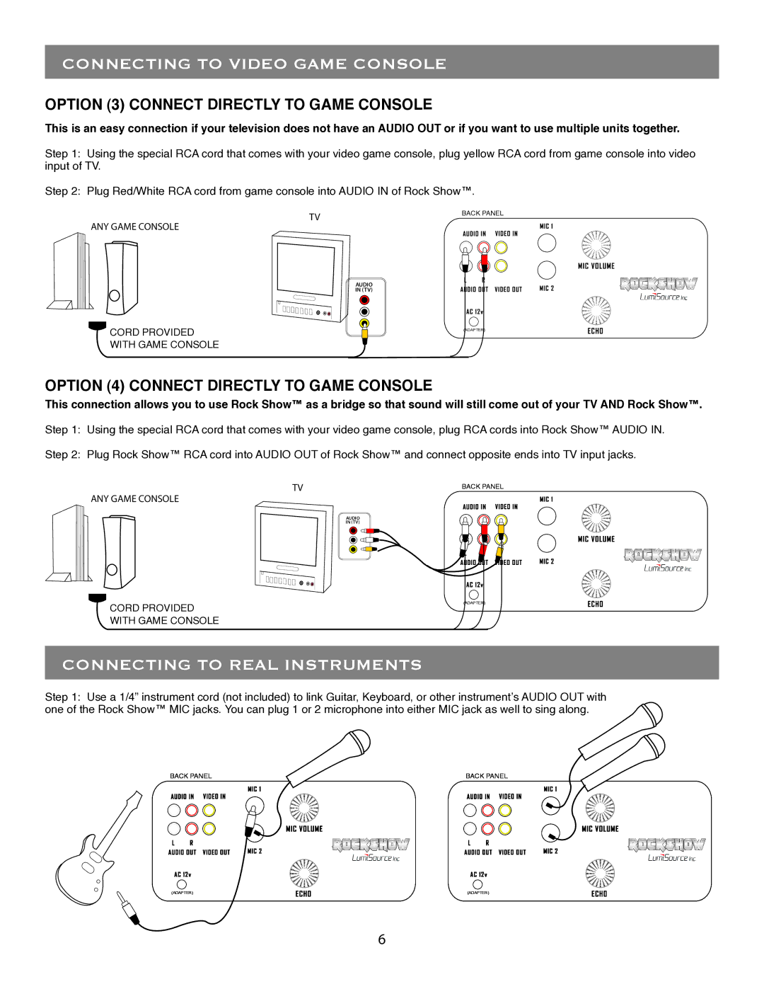 LumiSource Electronic Keyboard owner manual Connecting to Video Game Console, Connecting to Real Instruments 