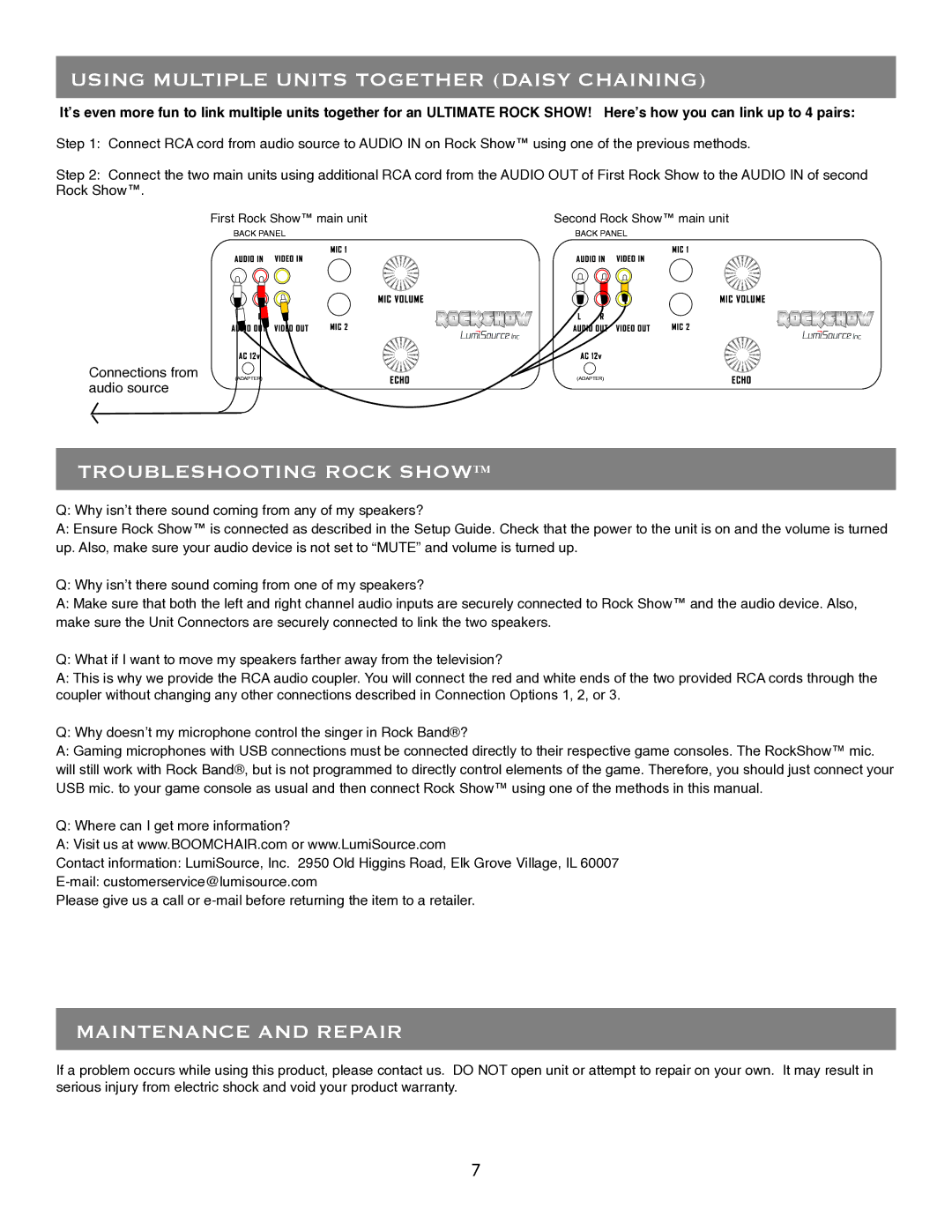 LumiSource Electronic Keyboard owner manual Using Multiple Units Together Daisy Chaining, Troubleshooting Rock Show 