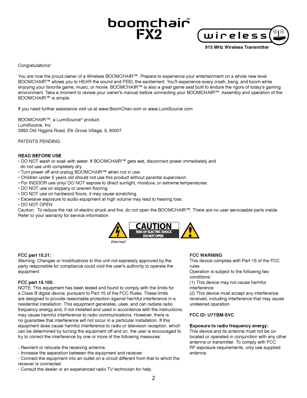 LumiSource FX2 owner manual Patents Pending, Read Before USE, Do not Open, FCC Warning, FCC ID U7YBM-SVC 