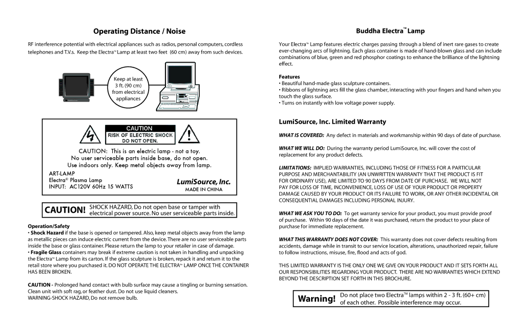 LumiSource Home Safety Product Operating Distance / Noise, Buddha ElectraTM Lamp, LumiSource, Inc. Limited Warranty 