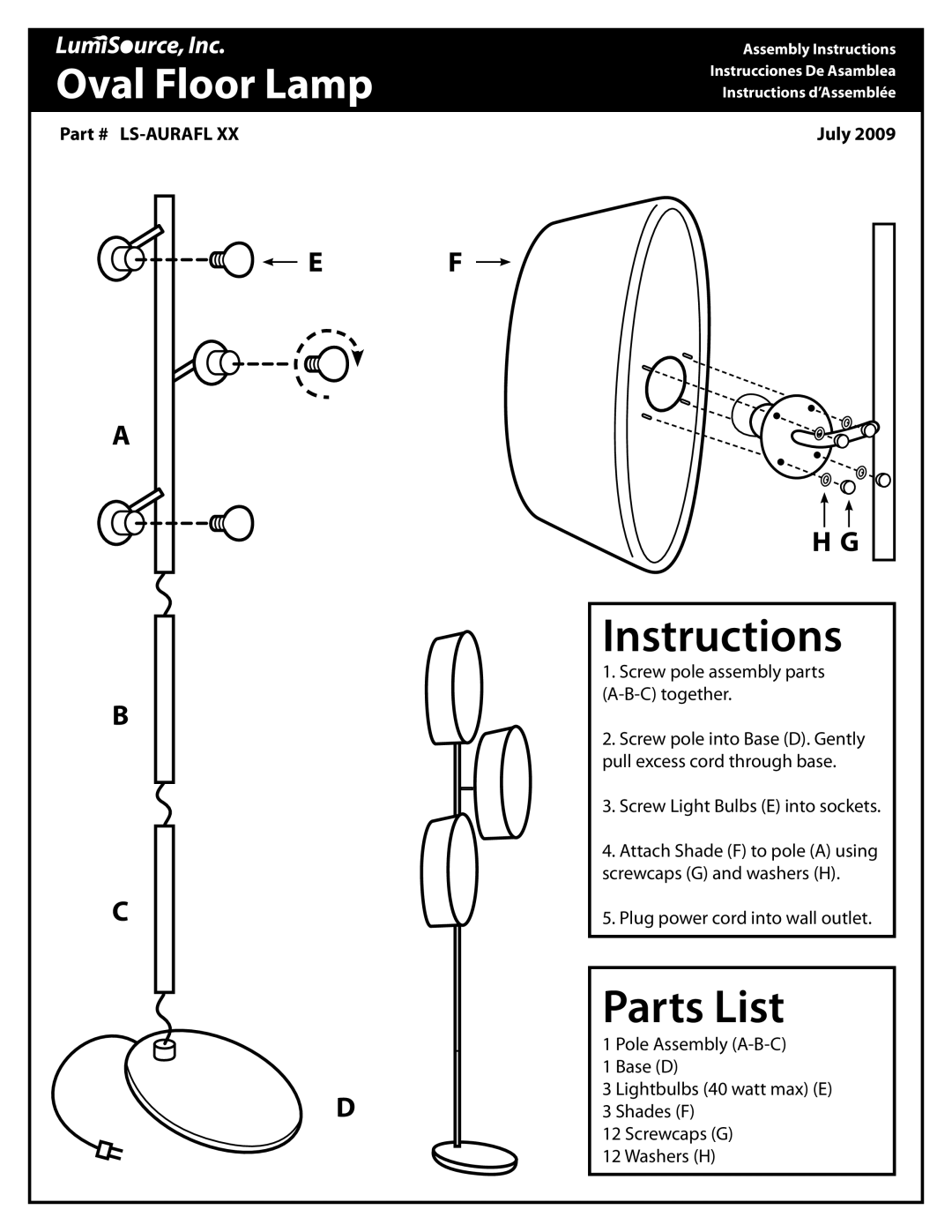 LumiSource LS-AURAFL XX manual Instructions, Parts List 